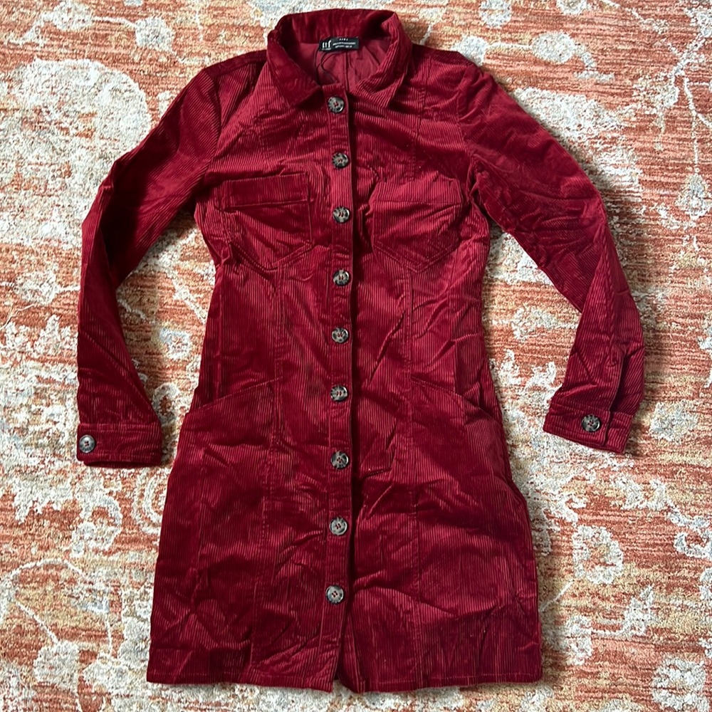 Zara Red Corduroy Button-Up Dress